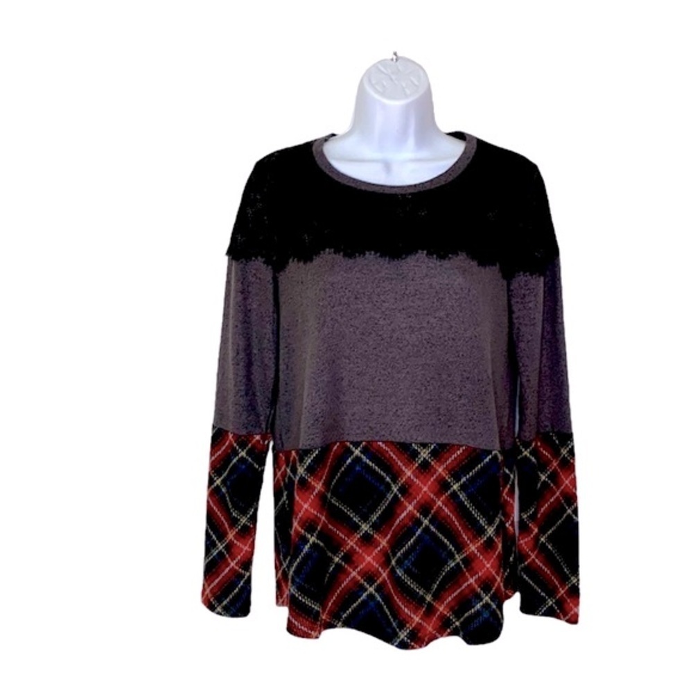 Maurices WOMENS COLOR BLOCK PLAID AND LACE DETAIL LONG SLEEVE TOP NWT SIZE SMALL - Picture 1 of 9
